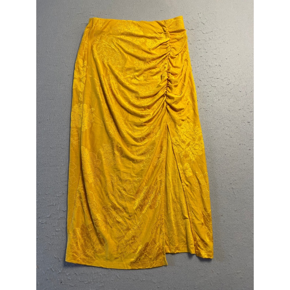 Zara Skirt Jacquard Floral Ruched Slit Yellow Size Small Womens